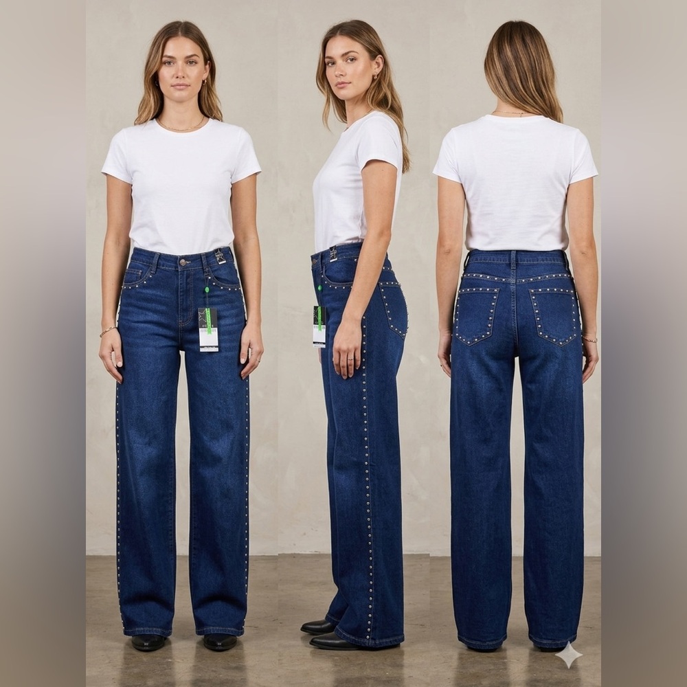 NWT Vibrant Dark Blue Wide-Leg Jeans with Stud Trim Size 29 🔥🔥🔥🔥